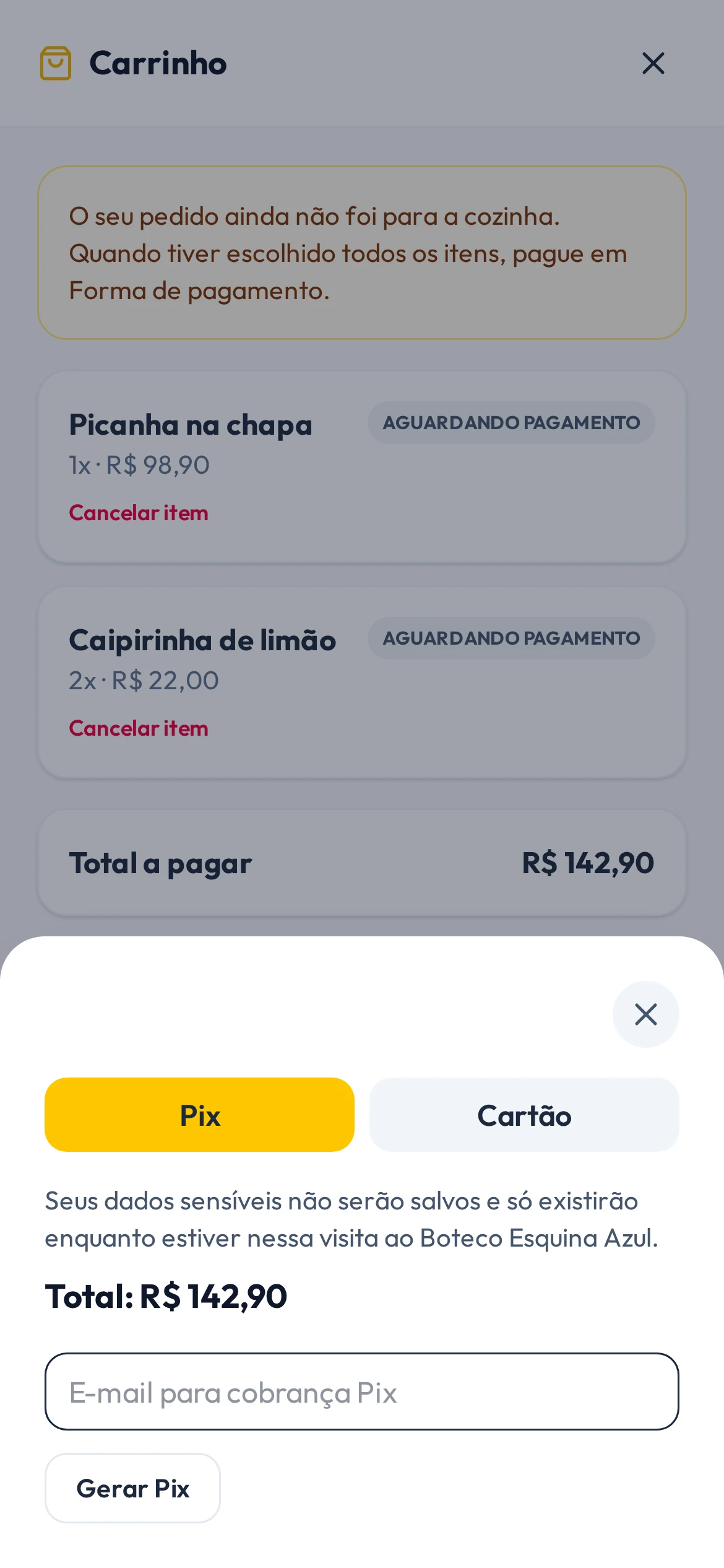 Carrinho no celular com Picanha na chapa e duas Caipirinhas, total de R$ 142,90 e a escolha entre Pix e Cartão.