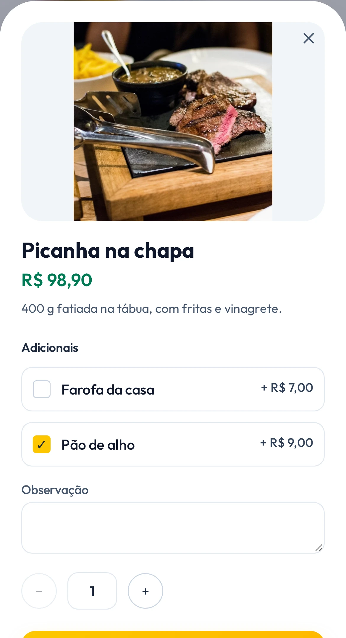 Ficha da Picanha na chapa no celular: foto, R$ 89,90, os adicionais Farofa da casa e Pão de alho, observação e quantidade.